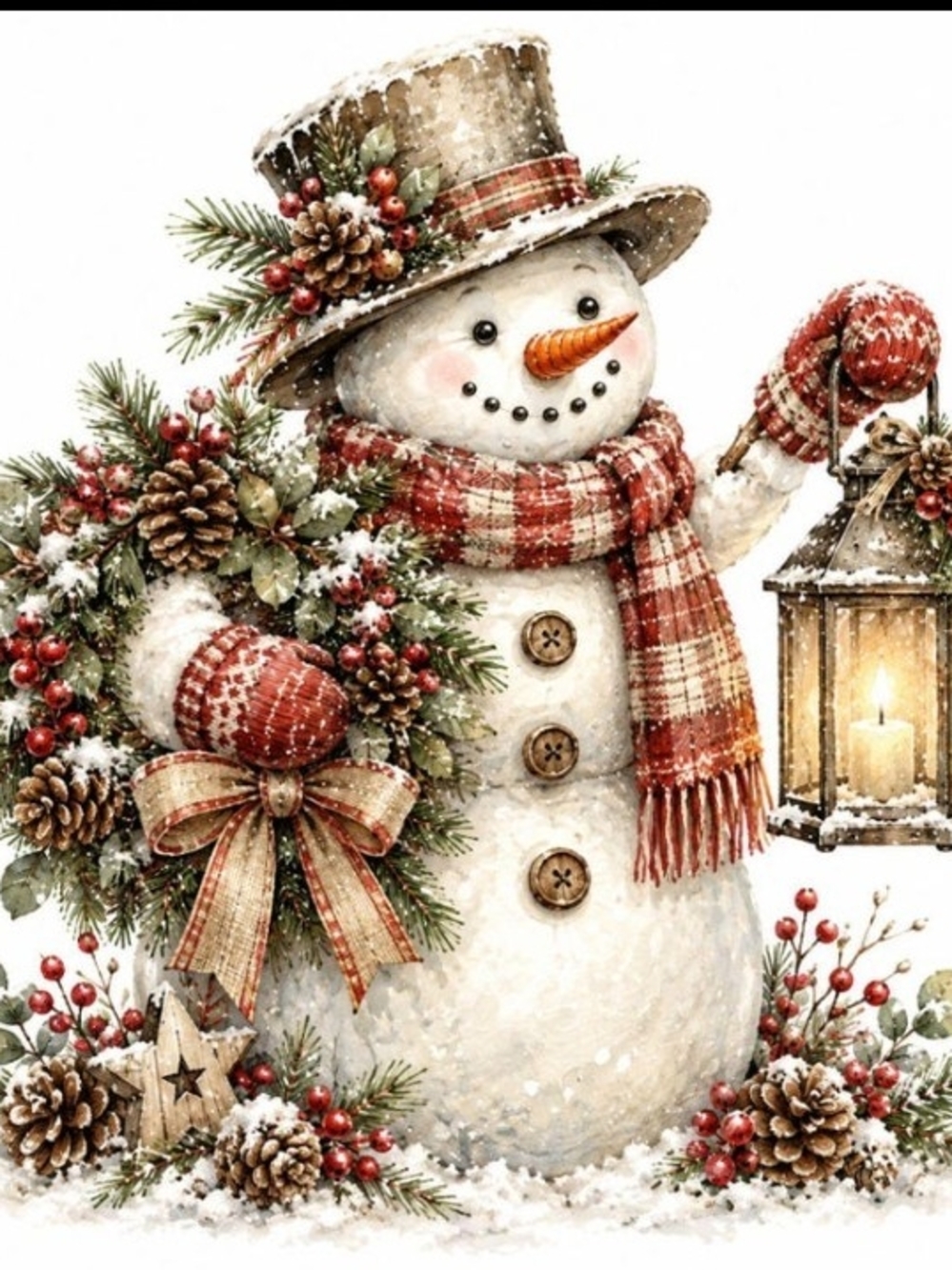 Snowman Holiday Wall Art Print - Red & Cream Festive Decor 8x10